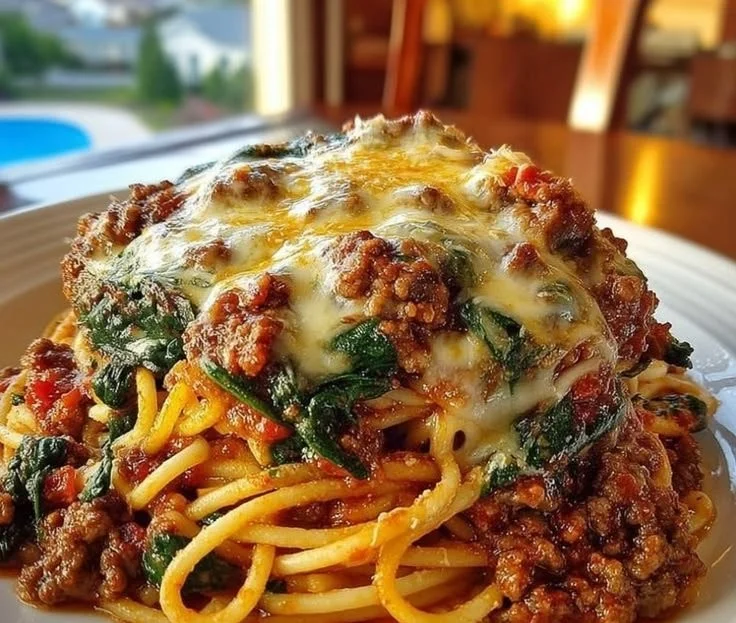 Garlic Butter Spaghetti with Cheesy Italian Sausage and Spinach