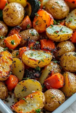 Bowl of garlic herb roasted potatoes and mixed veggies garnished with herbs