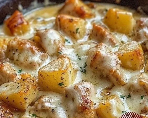 Garlic Parmesan Chicken and potatoes cooked in a crockpot, showcasing delicious flavors.