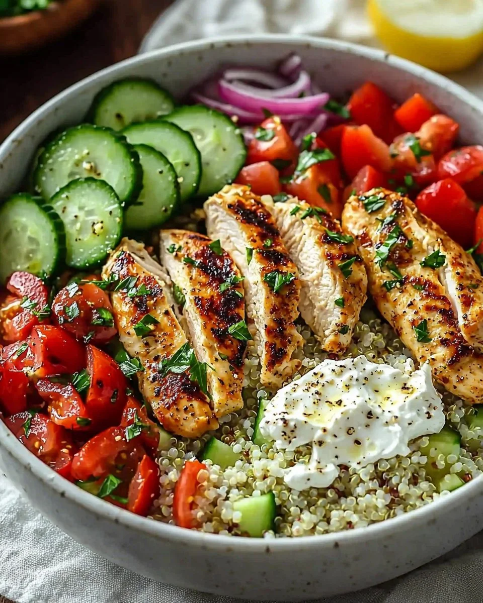 Delicious Greek Chicken Bowl with fresh vegetables and herbs
