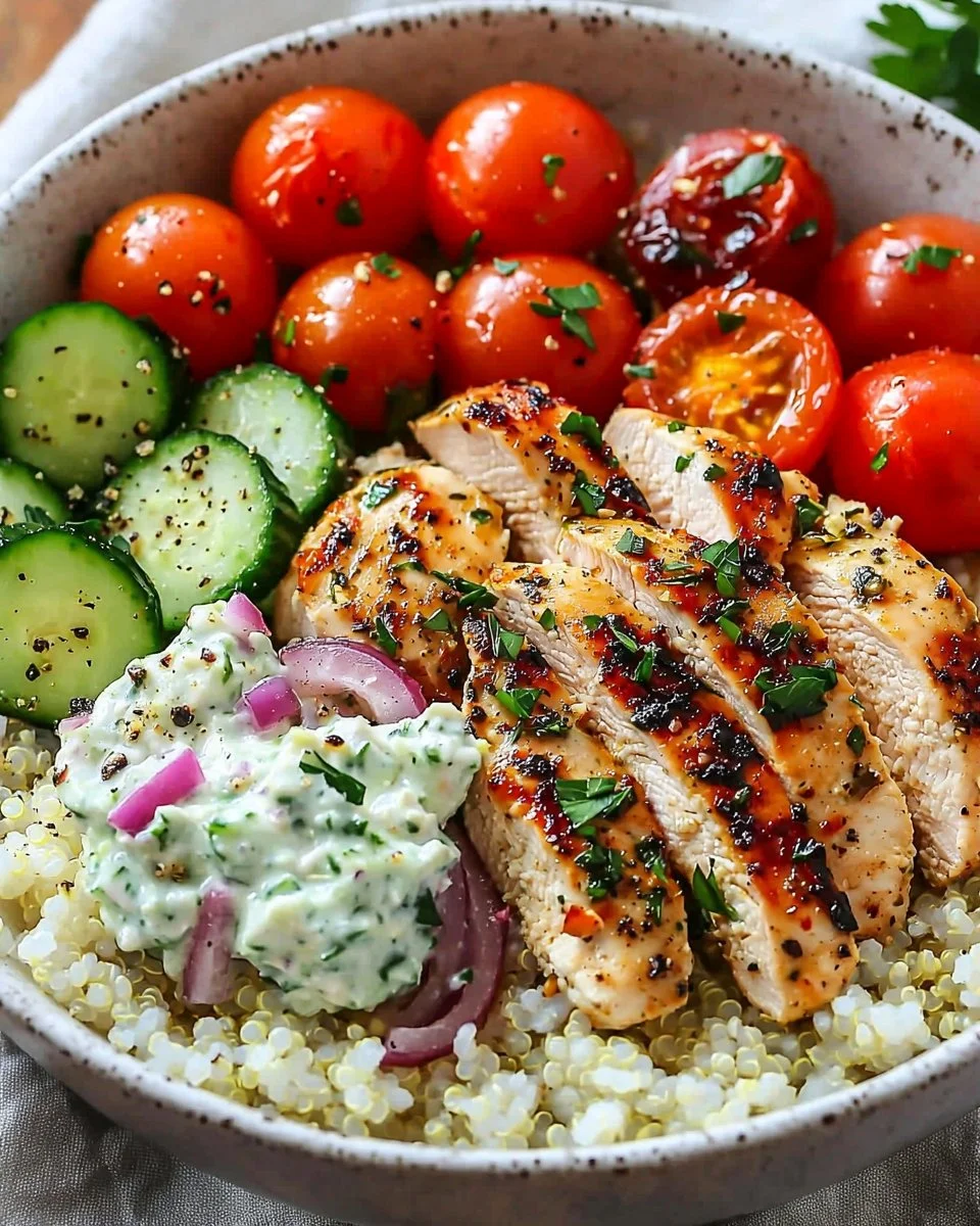 Delicious Greek Chicken Bowls with marinated chicken and fresh vegetables