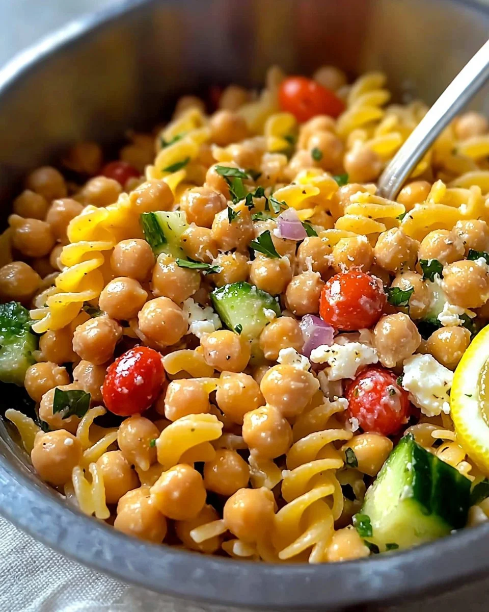 Colorful Greek Pasta Salad with feta cheese and fresh vegetables