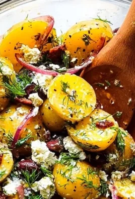 Bowl of Greek Potato Salad with olives, feta, and fresh herbs