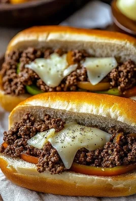 Delicious Ground Beef Philly Cheesesteak loaded with cheese and bell peppers
