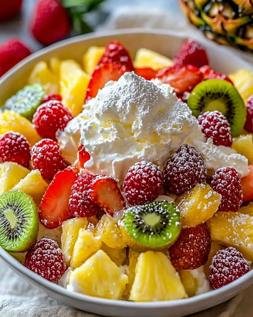 Delicious Hawaiian Cheesecake Salad with tropical fruits and creamy texture