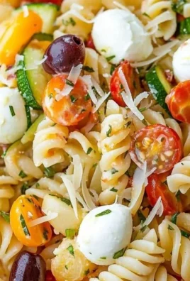 Bowl of healthy cold pasta salad with fresh vegetables and dressing