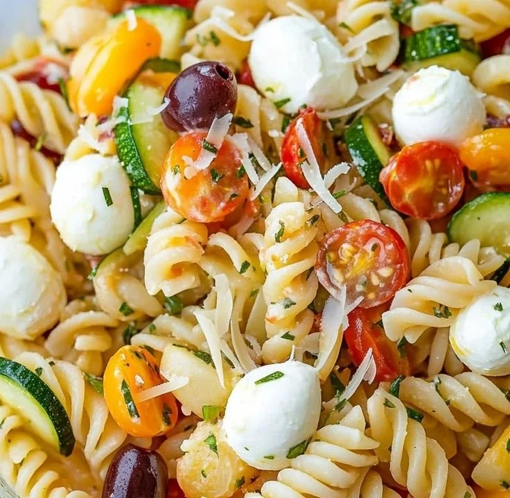 Bowl of healthy cold pasta salad with fresh vegetables and dressing