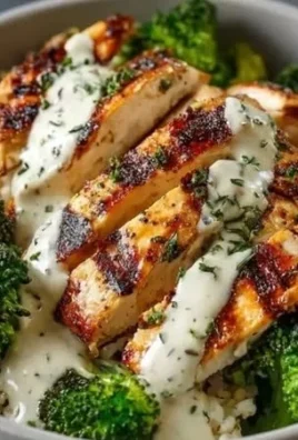 Healthy grilled chicken bowls topped with broccoli and creamy garlic sauce