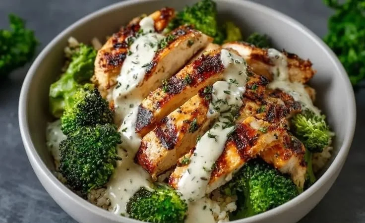 Healthy grilled chicken bowls topped with broccoli and creamy garlic sauce