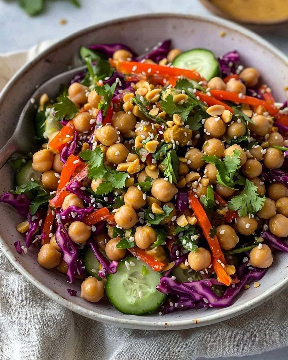 Healthy Thai-inspired chickpea salad with colorful vegetables and herbs.