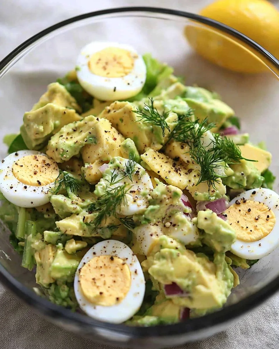 Delicious herby avocado egg salad served in a bowl for a quick lunch option.