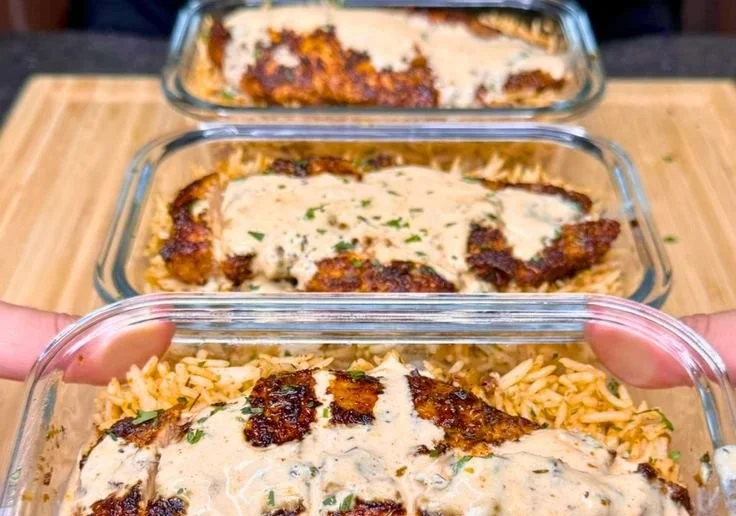 High Protein Creamy Cajun Chicken and Rice dish served in a bowl