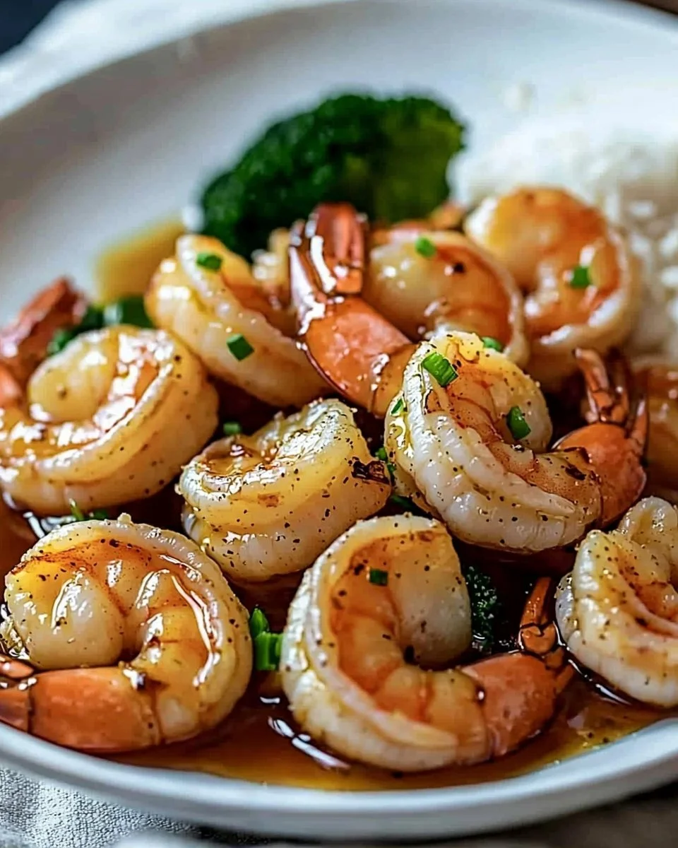 High-protein honey garlic shrimp dish served with vegetables on a plate.