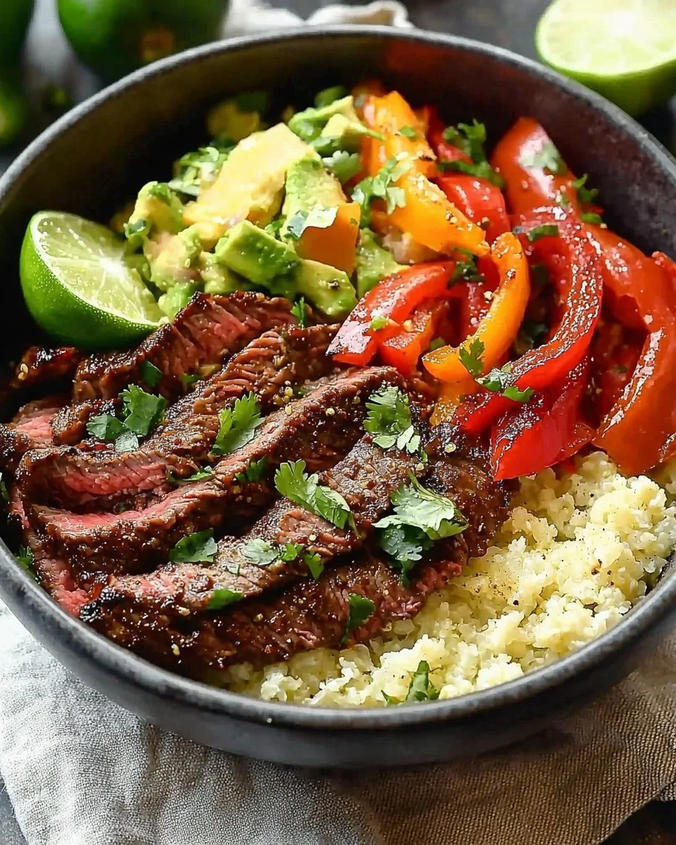 High protein steak fajita bowl with colorful vegetables and spices
