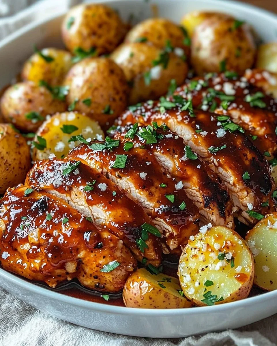 Honey BBQ Chicken served with Garlic Parmesan Potatoes for a tasty meal.
