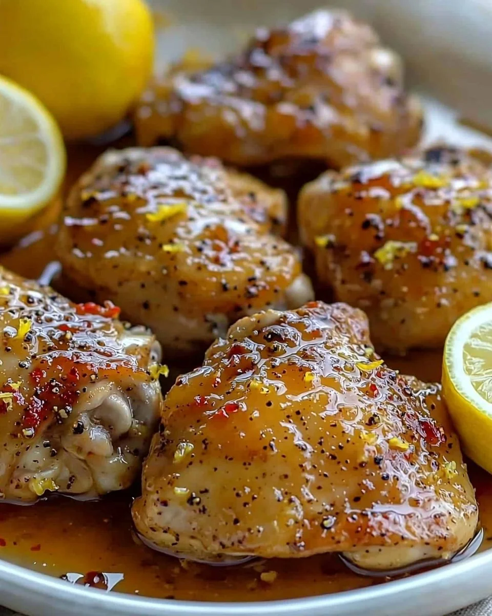 Delicious Honey Lemon Pepper Chicken Thighs served on a plate with herbs