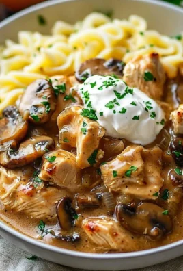 Delicious Chicken Stroganoff served with creamy sauce and mushrooms.