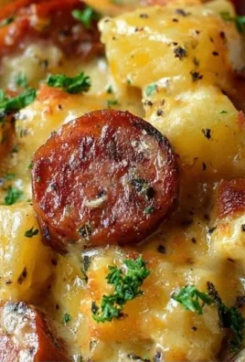Cheesy Kielbasa potato casserole in a baking dish