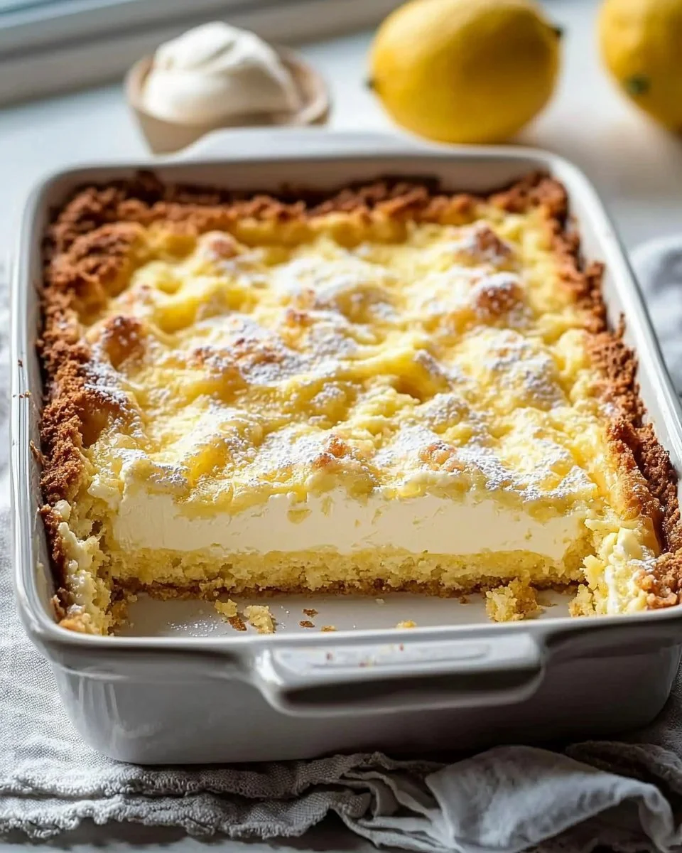 Delicious Lemon Cream Cheese Dump Cake served on a dessert platter.
