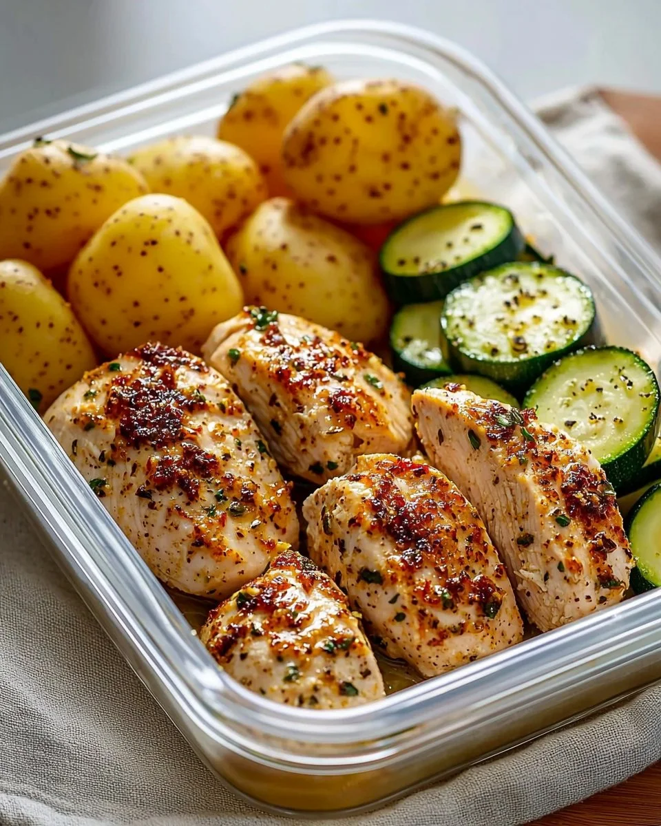 Delicious Lemon Garlic Chicken meal prep in containers for healthy eating