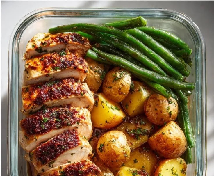 Lemon Garlic Chicken Meal Prep with veggies in a meal container.