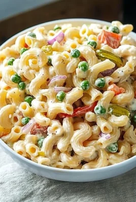 Bowl of colorful macaroni salad with vegetables and dressing