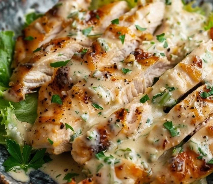 Melt-in-your-mouth Caesar Chicken garnished with fresh herbs and dressing
