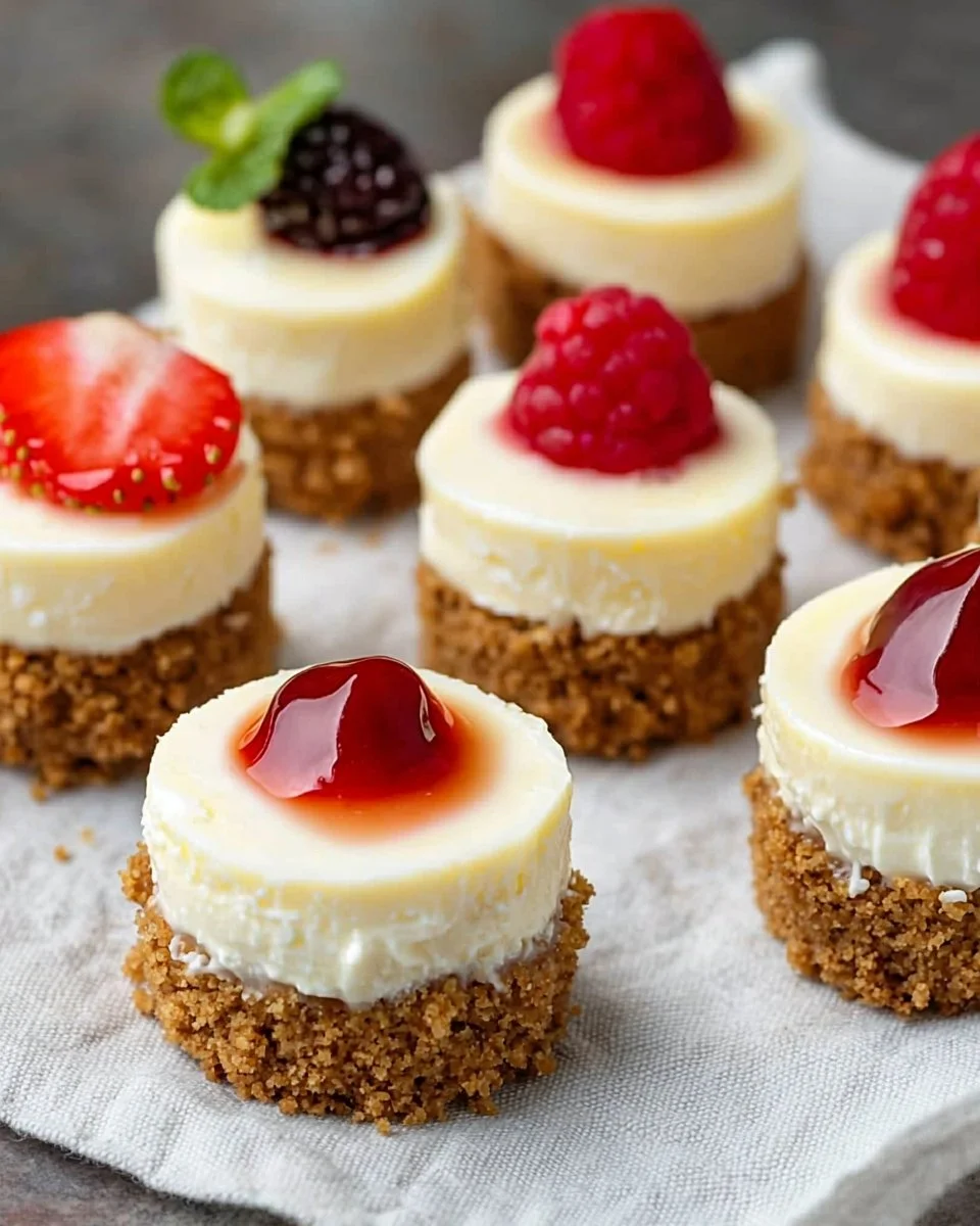 Delicious mini cheesecakes topped with fresh fruit and whipped cream.