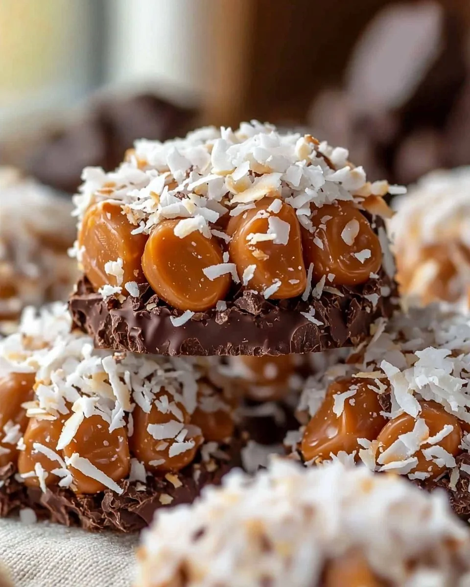 Delicious no bake Samoa cookies topped with chocolate and caramel