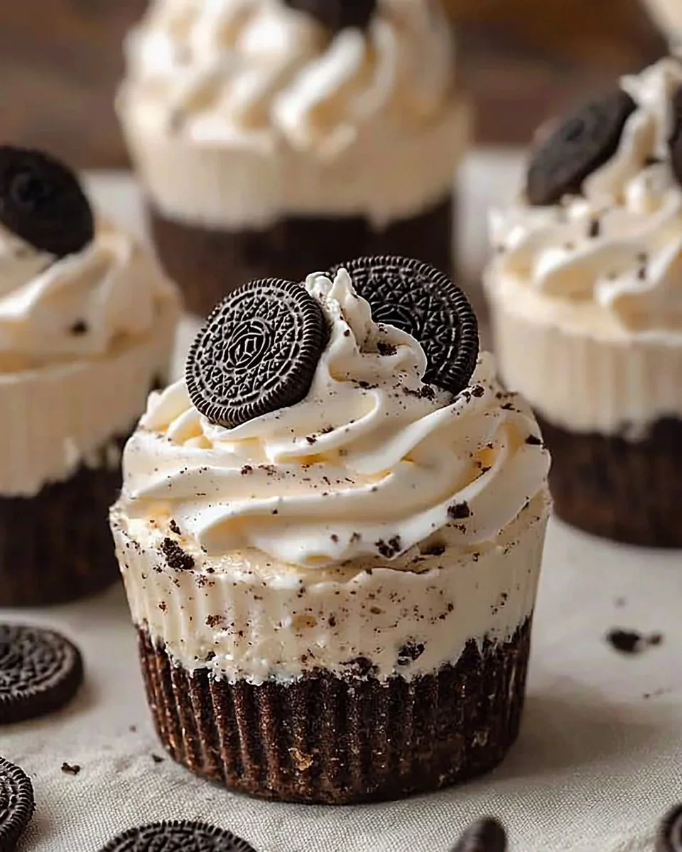 Oreo No-Bake Cheesecake Cups topped with crushed Oreo cookies
