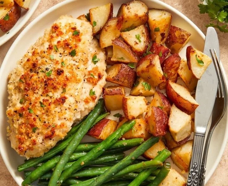 Parmesan Crusted Chicken Sheet Pan Dinner with vegetables and herbs