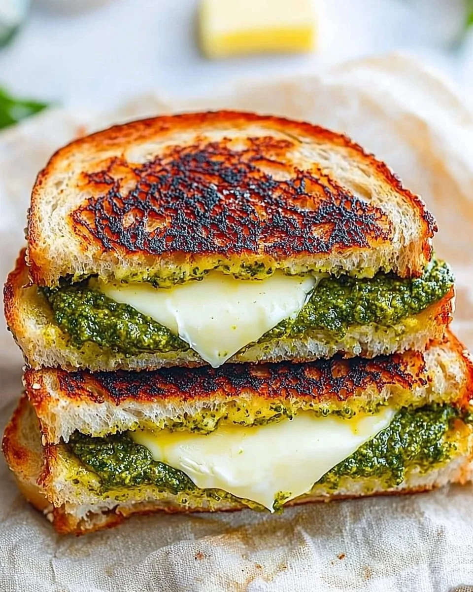 Mouthwatering Pesto Grilled Cheese sandwich with fresh basil and melted cheese