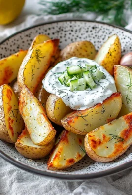 Crispy potato wedges served with creamy cucumber dip on a plate