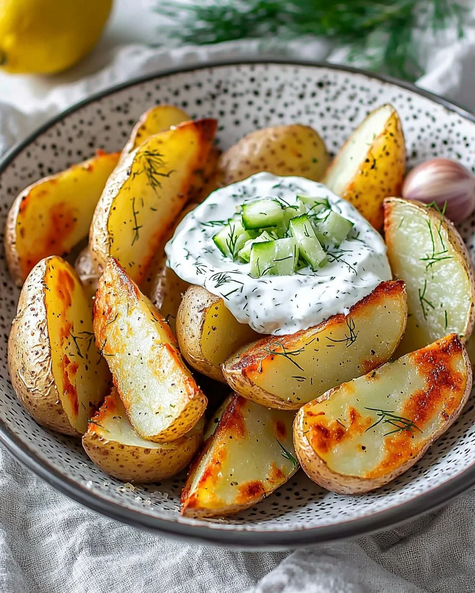 Crispy potato wedges served with creamy cucumber dip on a plate