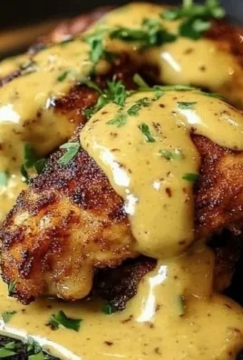 Pretzel Chicken topped with mustard-cheddar sauce, served on a white plate.