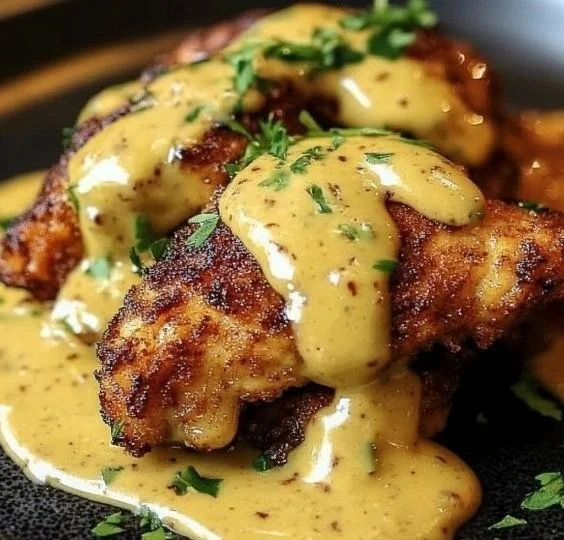 Pretzel Chicken topped with mustard-cheddar sauce, served on a white plate.