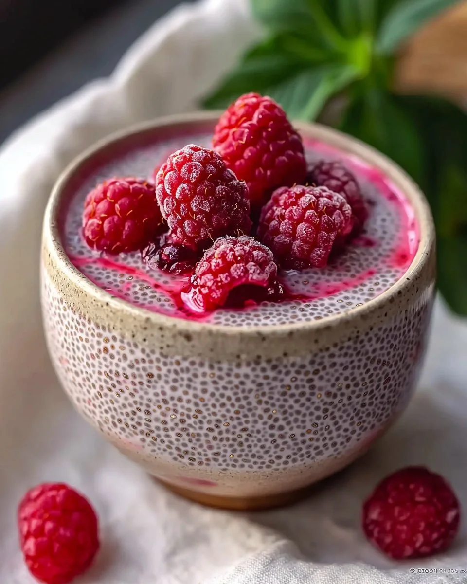 Delicious raspberry chia pudding served in a bowl with fresh raspberries on top