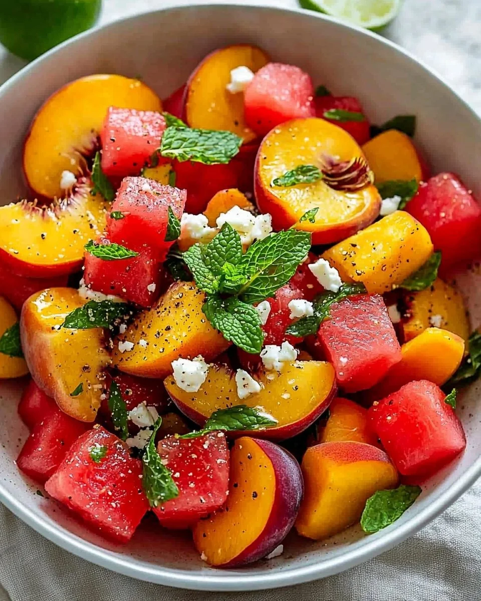 A vibrant and colorful refreshing summer salad served in a bowl