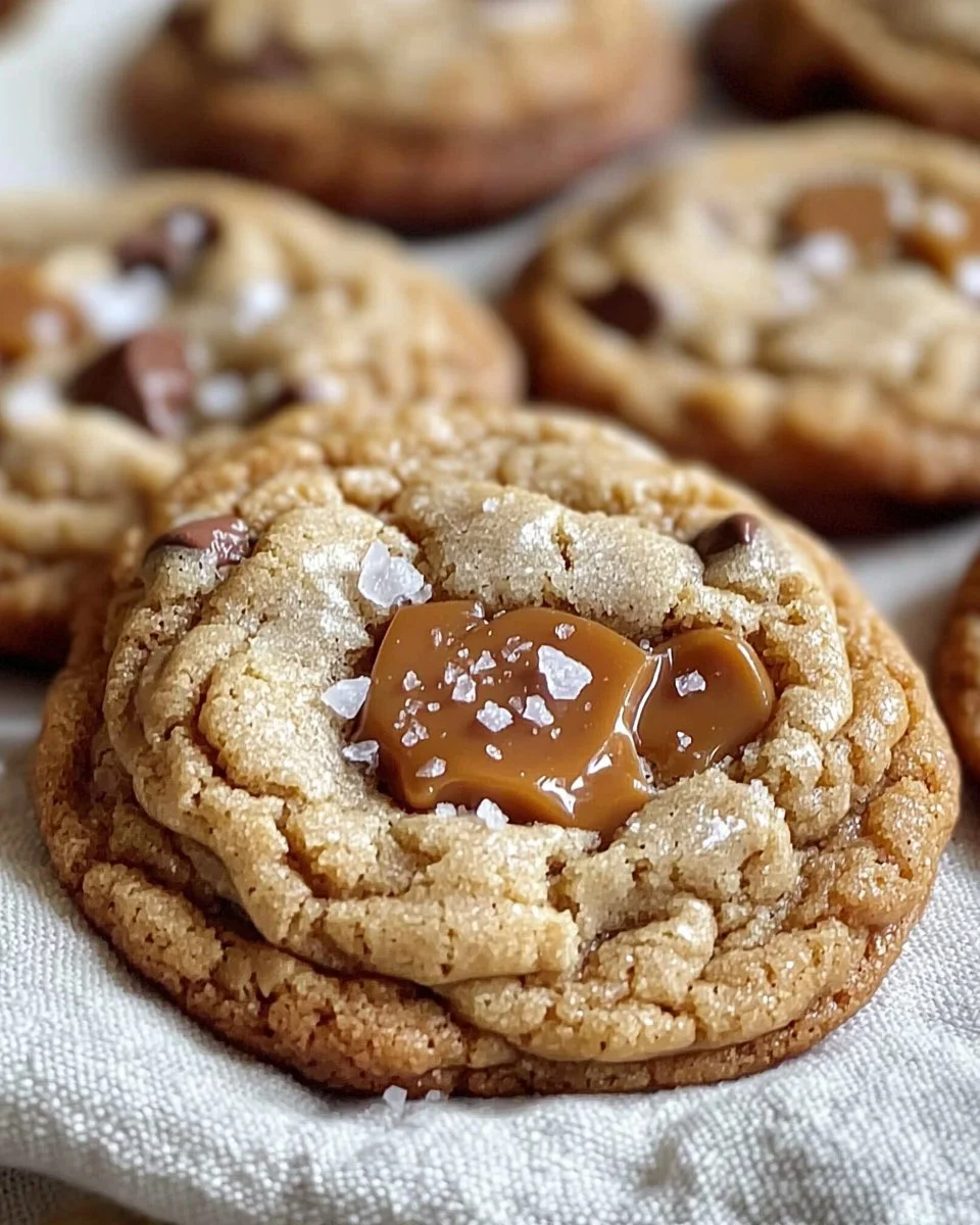 Delicious salted caramel cookie on a plate with a drizzle of caramel
