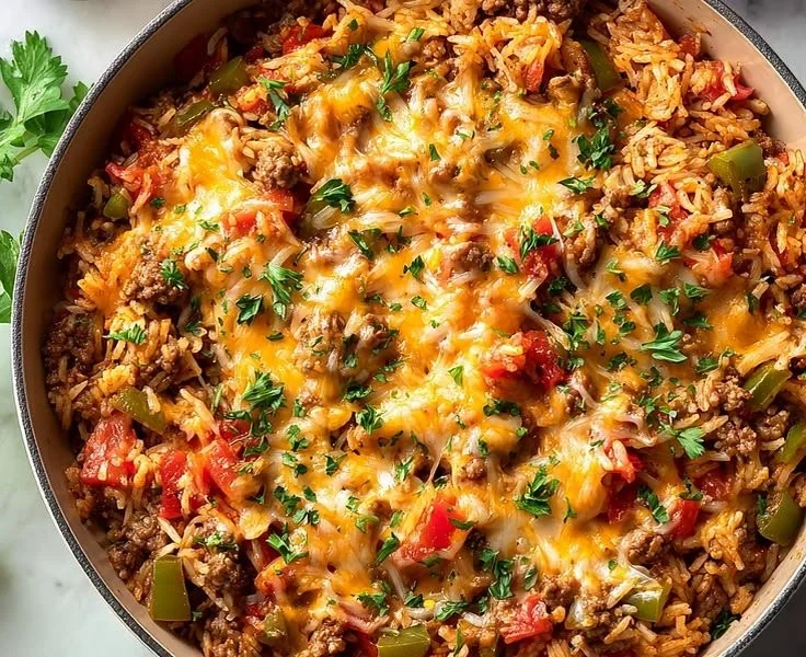 Satisfying ground beef and rice skillet served in a pan