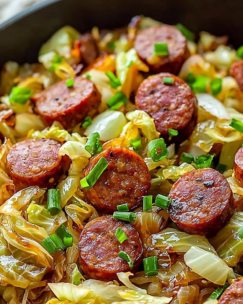 Delicious Sausage and Cabbage Stir Fry served in a skillet with vibrant vegetables