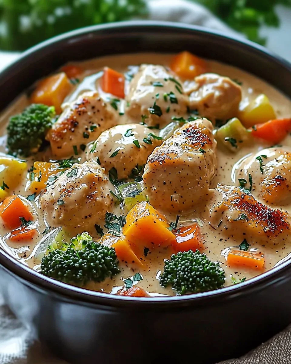 Slow cooker creamy garlic chicken dish with fresh vegetables for a savory meal