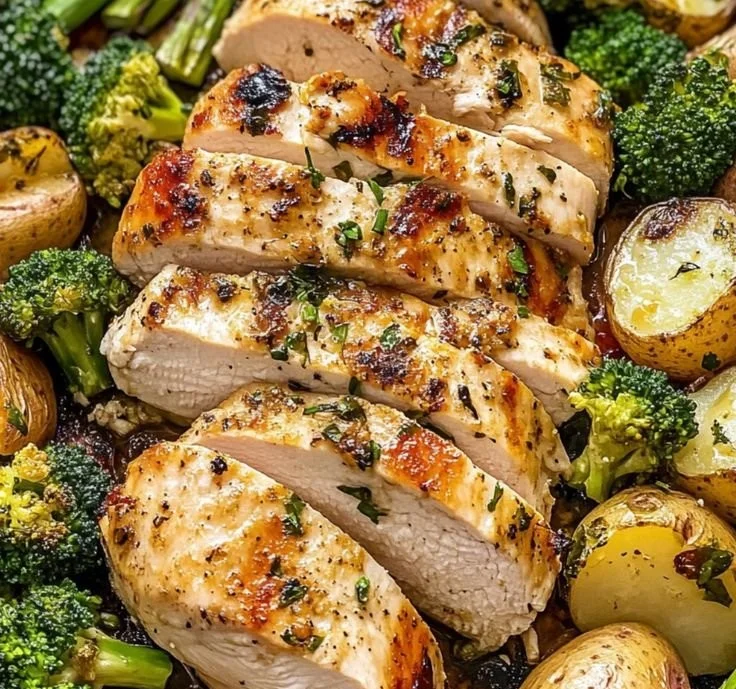 Sheet pan garlic butter chicken with fresh vegetables ready to serve