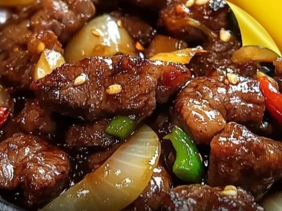 Sizzling Chinese Pepper Steak with Onions served on a plate