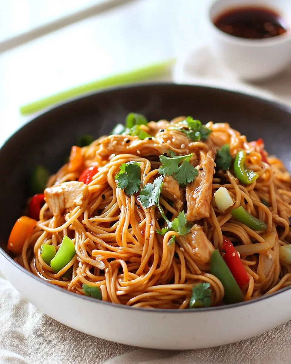 Bowl of Spicy Chicken Hakka Noodles garnished with fresh vegetables