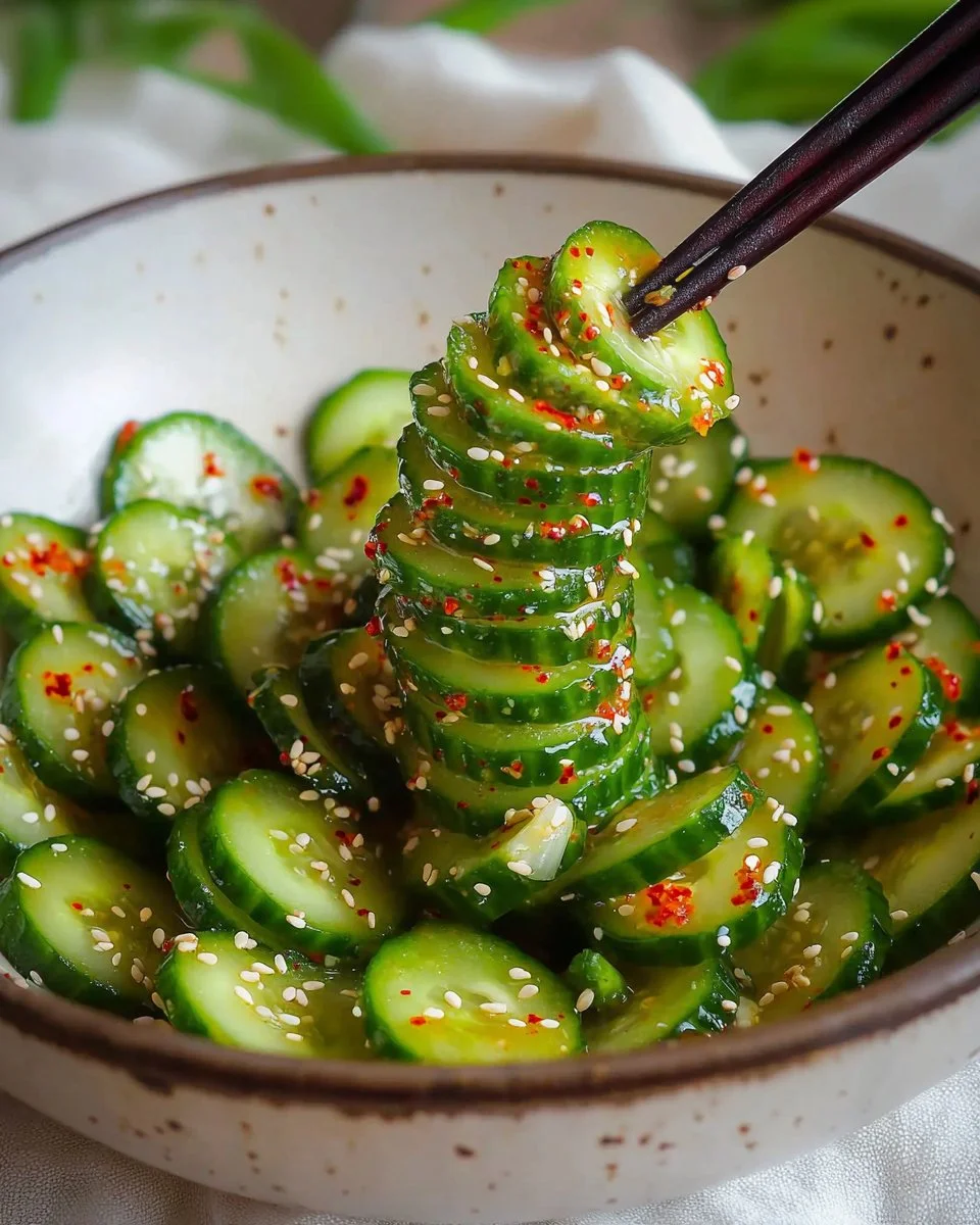 Spiral cucumber salad with Korean flavors, garnished with herbs and spices.