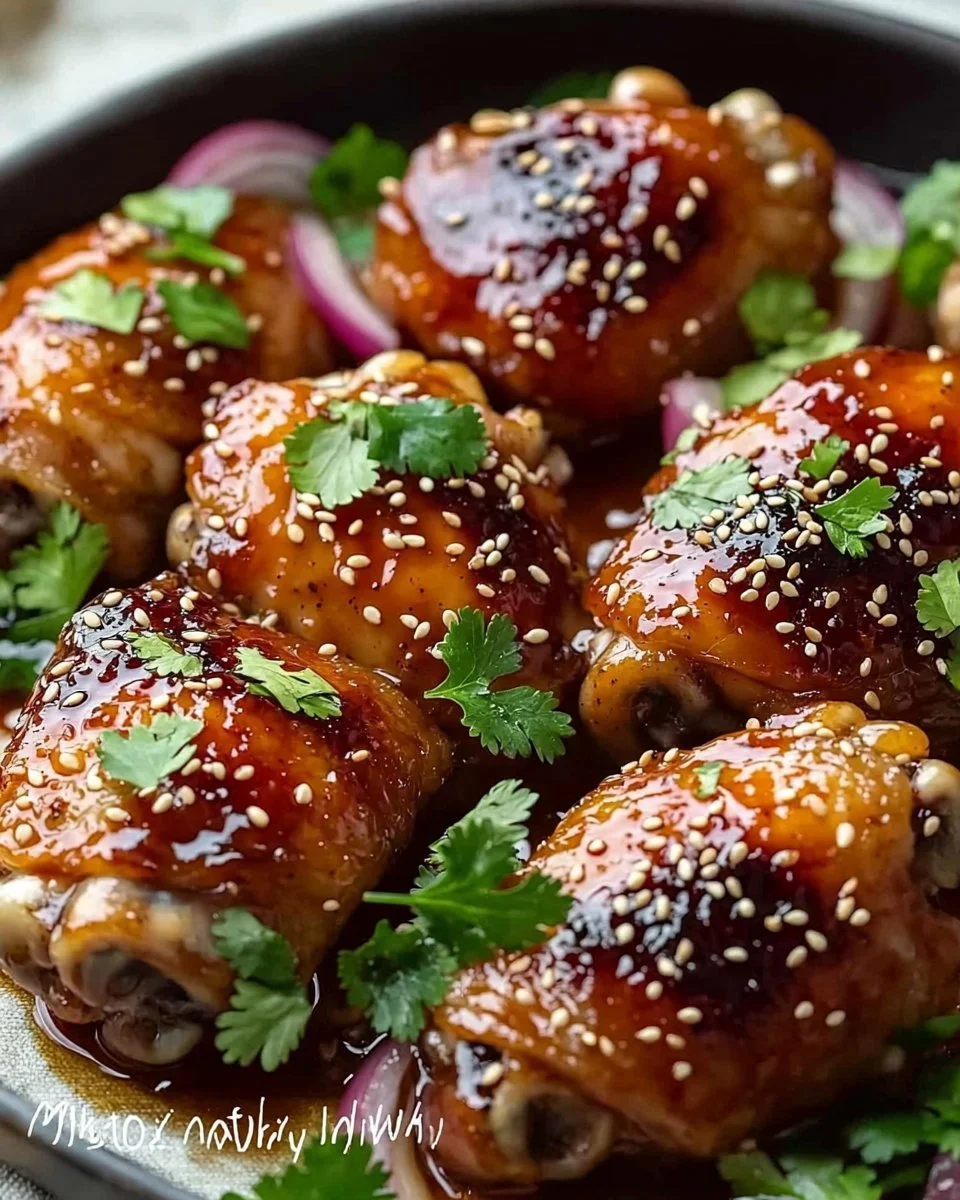 Baked Sticky Honey Soy Chicken with a glossy glaze and garnished with green onions.