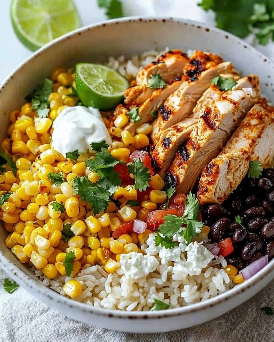 Healthy street corn chicken rice bowl with vibrant toppings.