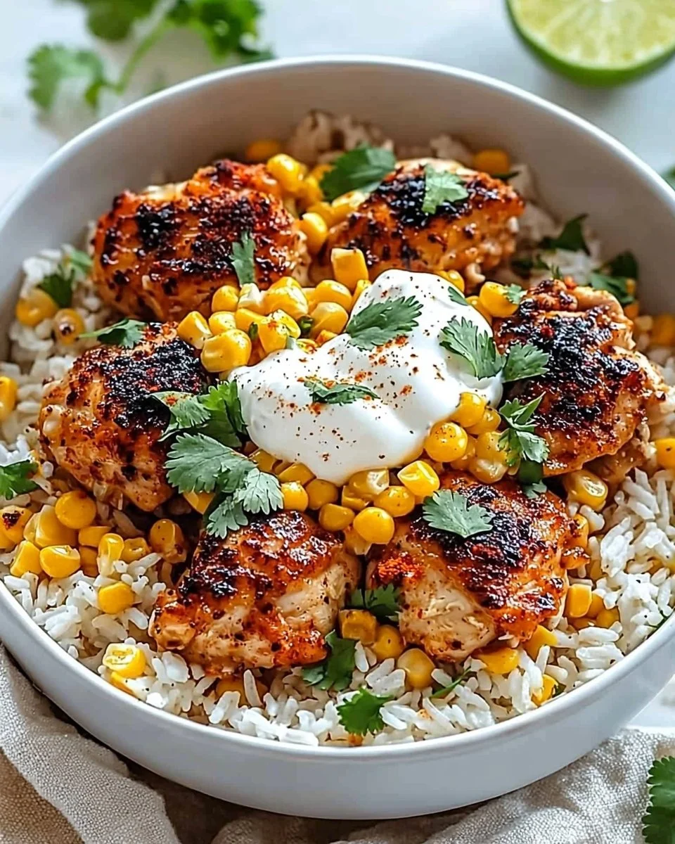 Street Corn Chicken Rice Bowl garnished with fresh herbs and spices
