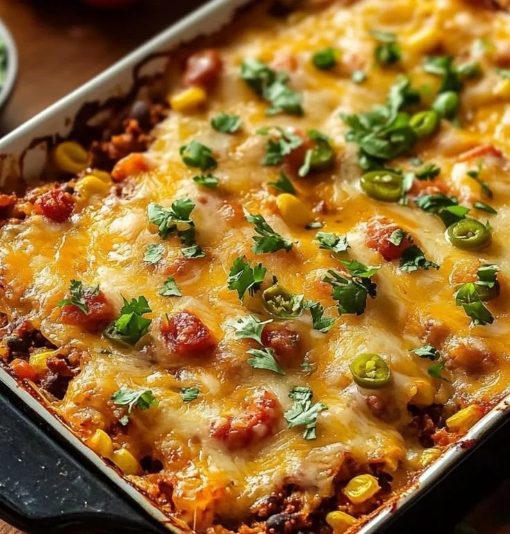 Delicious Taco Bake Casserole with meat, cheese, and vegetables